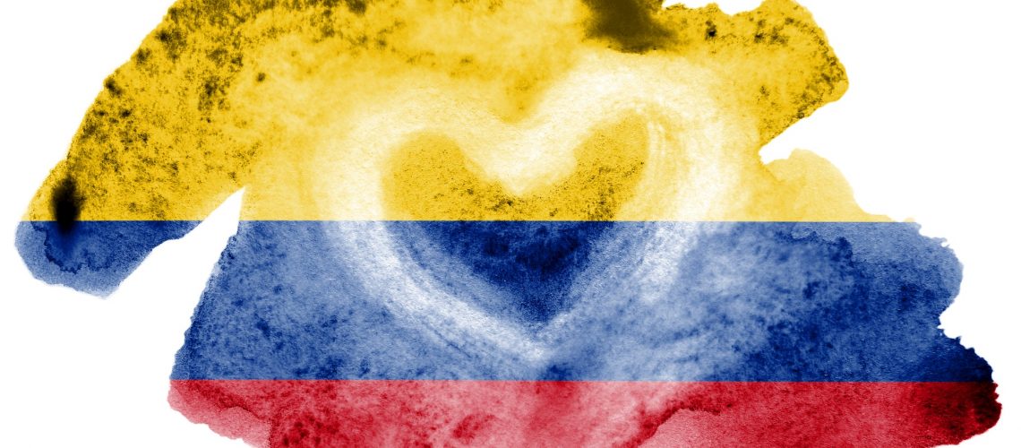 Colombia flag is depicted in liquid watercolor style isolated on white background